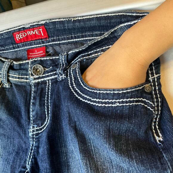 Red Rivet Women Jeans size 9 Blue Straight Leg Slim Fit Low Rise Stretch - Picture 7 of 11